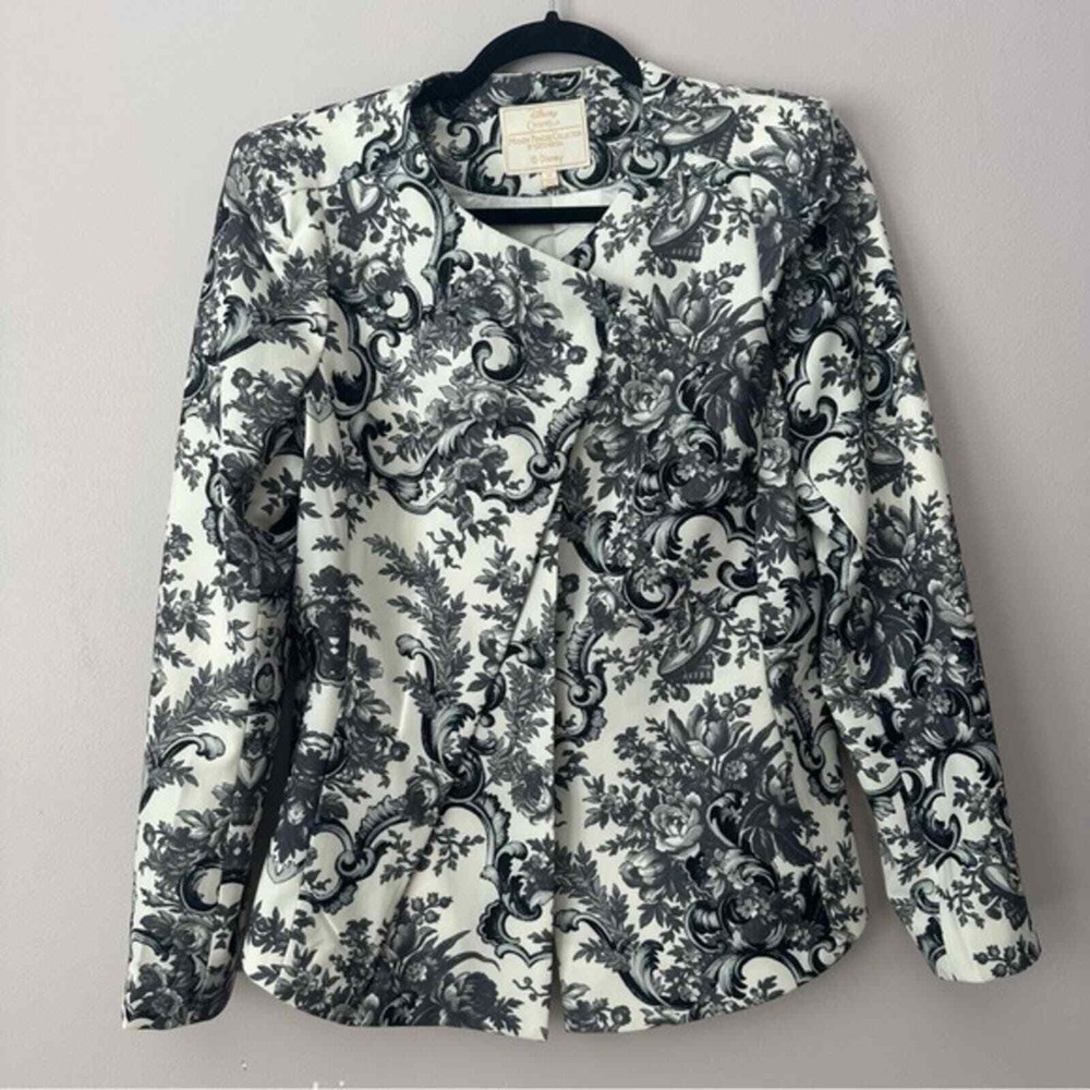 Disney Cinderella Medium Blazer White Black Long Sleeve Toile Floral Snap Jacket